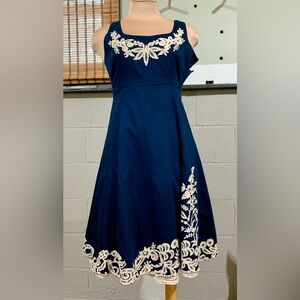 Navy Blue Dress with White Embroidery and Crinoline Ruffled Layer